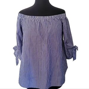 𝅺boohoo elastic shoulder, 3/4 sleeve, ligne blue and white raglant sleeve